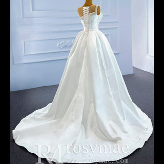 Unique Ruffled A-line Satin Wedding Dress with High Sheer Back - Rosymae