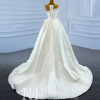 Unique Ruffled A-line Satin Wedding Dress with High Sheer Back - Rosymae