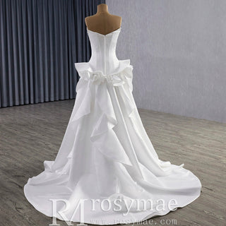 Unique V-neck Elegant Satin Wedding Dress with Rufled Skirt - Rosymae