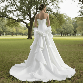 Unique V-neck Elegant Satin Wedding Dress with Rufled Skirt - Rosymae
