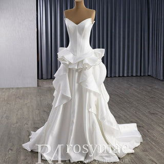 Unique V-neck Elegant Satin Wedding Dress with Rufled Skirt - Rosymae