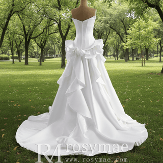 Unique V-neck Elegant Satin Wedding Dress with Rufled Skirt - Rosymae