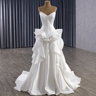 Unique V-neck Elegant Satin Wedding Dress with Rufled Skirt - Rosymae