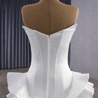 Unique V-neck Elegant Satin Wedding Dress with Rufled Skirt - Rosymae