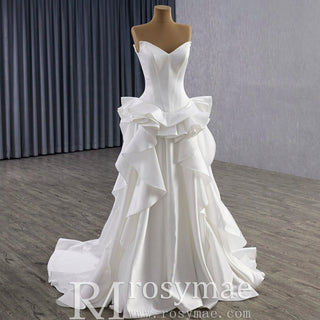 Unique V-neck Elegant Satin Wedding Dress with Rufled Skirt - Rosymae