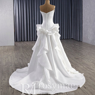 Unique V-neck Elegant Satin Wedding Dress with Rufled Skirt - Rosymae