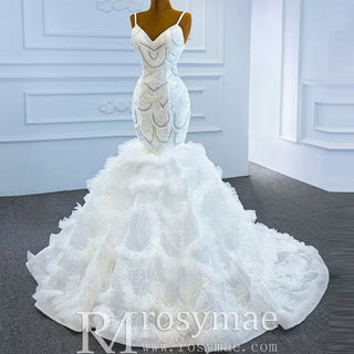 Unique V-neck Trumpet Wedding Dress with Spaghetti Strap - Rosymae