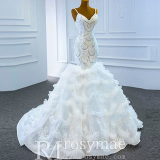 Unique V-neck Trumpet Wedding Dress with Spaghetti Strap - Rosymae