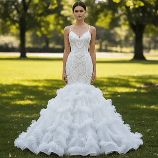 Unique V-neck Trumpet Wedding Dress with Spaghetti Strap - Rosymae