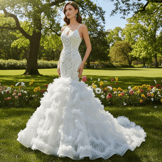 Unique V-neck Trumpet Wedding Dress with Spaghetti Strap - Rosymae
