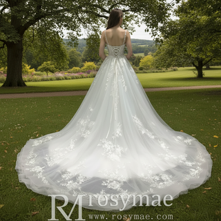 Elegant A-line Floral Lace Appliqued Wedding Dress with Spaghetti Strap
