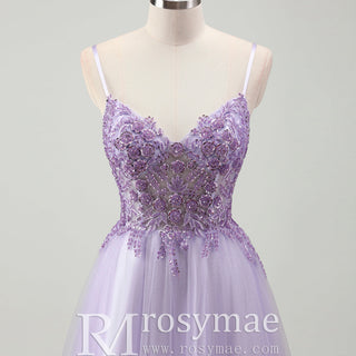 Classic Vneck Purple Wedding Guest Dress with Spaghetti Straps