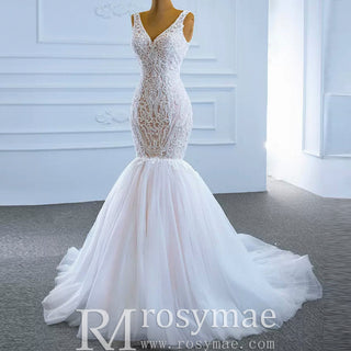 V-neck Blush Mermaid Wedding Dress Lace Bridal Dress with Low Back - Rosymae