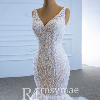 V-neck Blush Mermaid Wedding Dress Lace Bridal Dress with Low Back - Rosymae