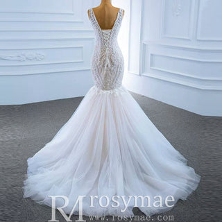 V-neck Blush Mermaid Wedding Dress Lace Bridal Dress with Low Back - Rosymae