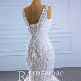 V-neck Blush Mermaid Wedding Dress Lace Bridal Dress with Low Back - Rosymae