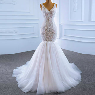 V-neck Blush Mermaid Wedding Dress Lace Bridal Dress with Low Back - Rosymae