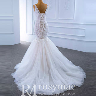 V-neck Blush Mermaid Wedding Dress Lace Bridal Dress with Low Back - Rosymae