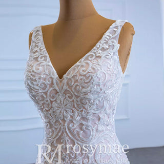 V-neck Blush Mermaid Wedding Dress Lace Bridal Dress with Low Back - Rosymae