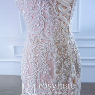 V-neck Blush Mermaid Wedding Dress Lace Bridal Dress with Low Back - Rosymae