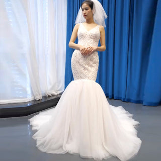 V-neck Blush Mermaid Wedding Dress Lace Bridal Dress with Low Back - Rosymae