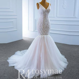 V-neck Blush Mermaid Wedding Dress Lace Bridal Dress with Low Back - Rosymae