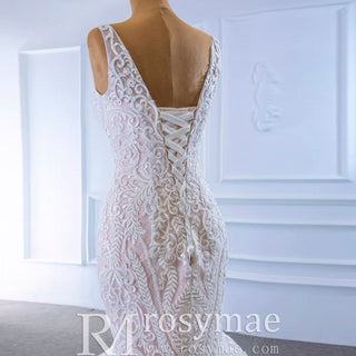 V-neck Blush Mermaid Wedding Dress Lace Bridal Dress with Low Back - Rosymae