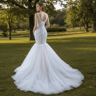 V-neck Blush Mermaid Wedding Dress Lace Bridal Dress with Low Back - Rosymae