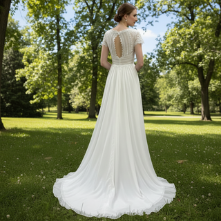 Capped Sleeve Sheath Chiffon Wedding Dress with Sheer Neck & Keyhole