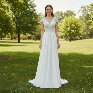 Capped Sleeve Sheath Chiffon Wedding Dress with Sheer Neck & Keyhole