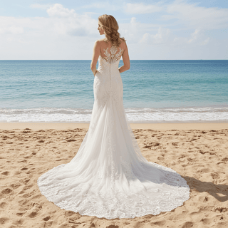 V-neck Fit and Flare Floral Lace Wedding Dress Sheer Back - Rosymae