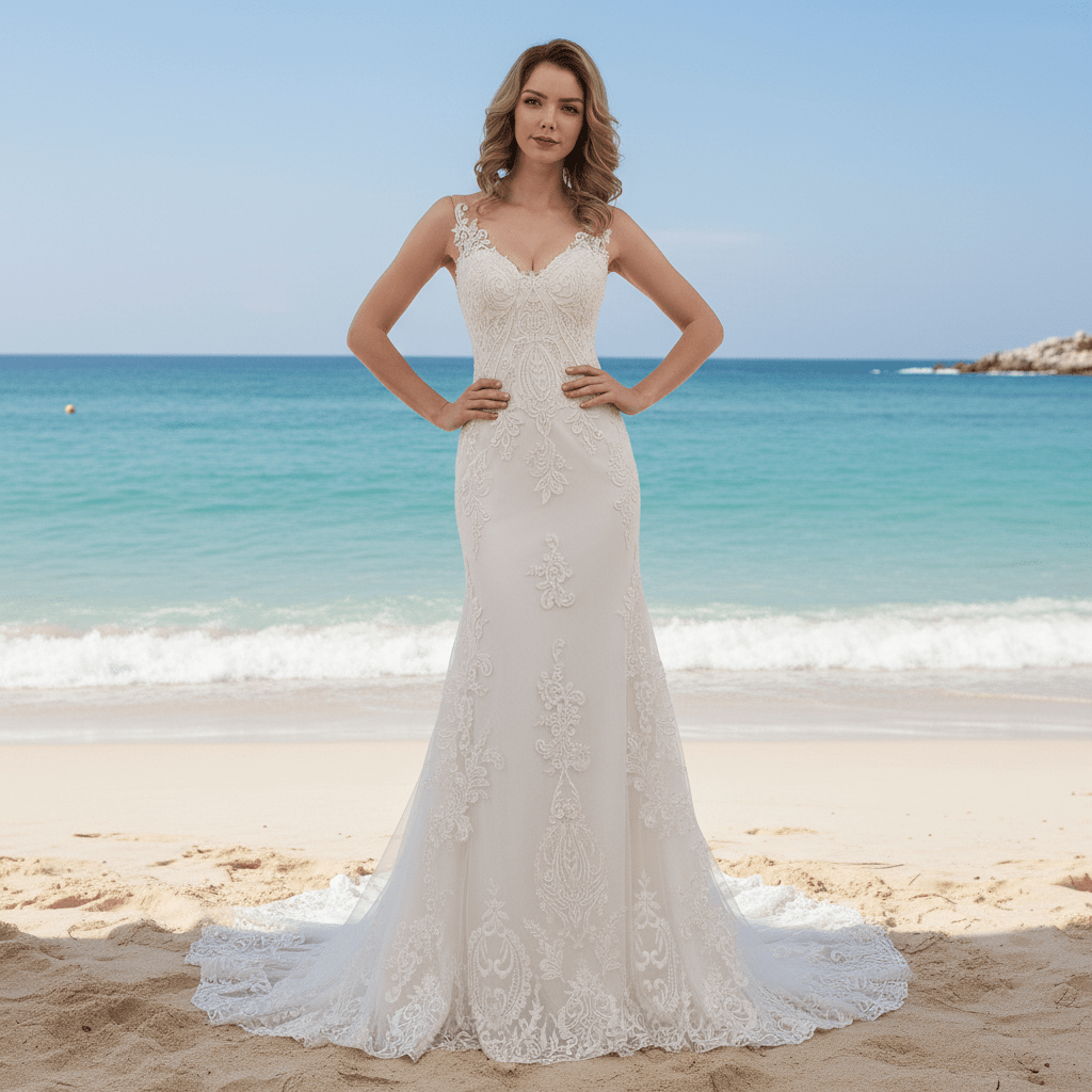 V-neck Fit and Flare Floral Lace Wedding Dress Sheer Back - Rosymae