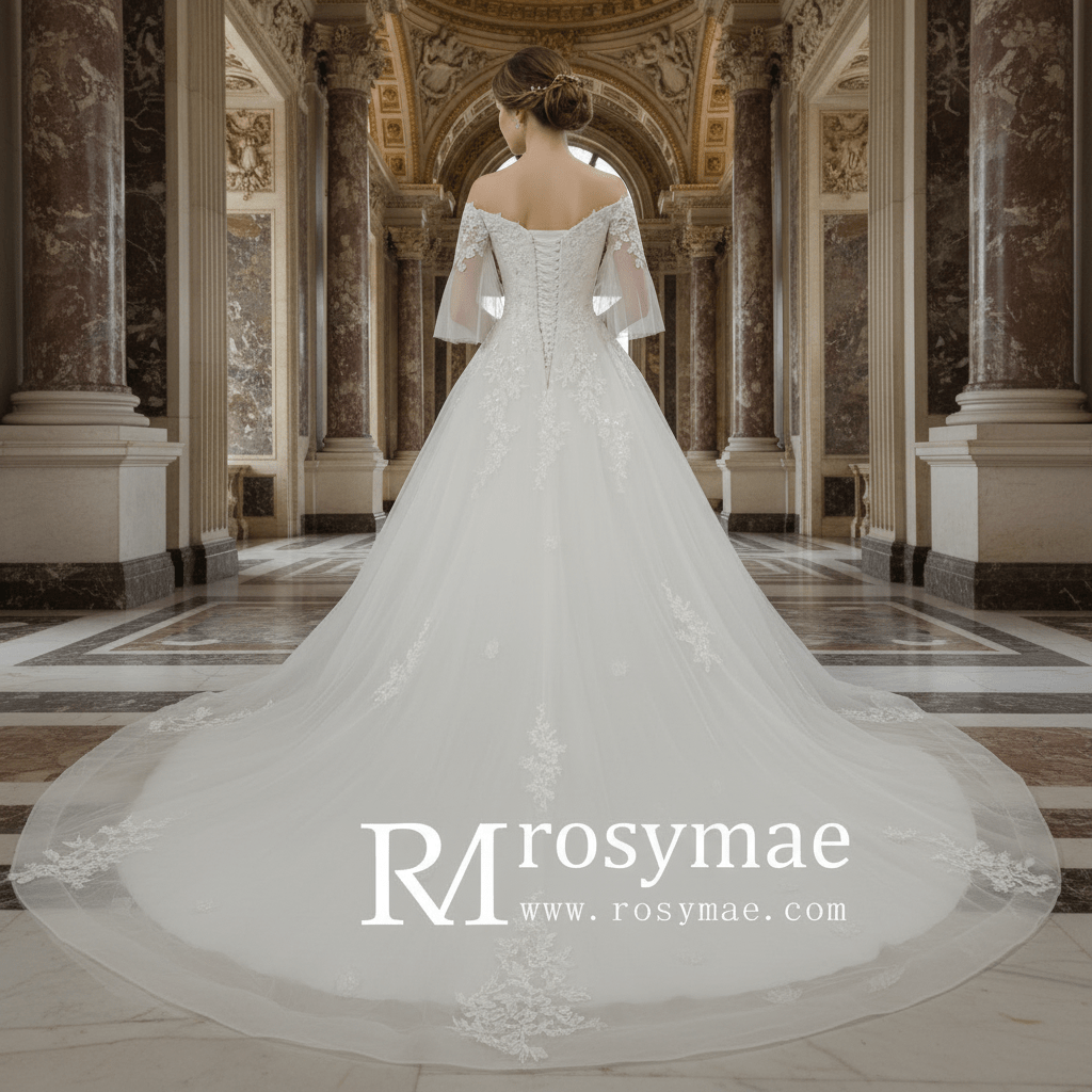 V-Neck Half-Sleeve Tulle Lace Ball Gown Wedding Dress - Rosymae