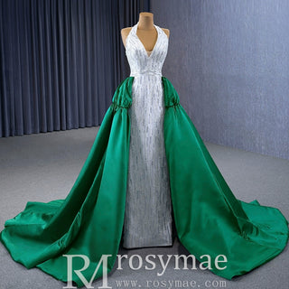 V-neck Halter Green Satin Mermaid Wedding Dress Formal Gown - Rosymae
