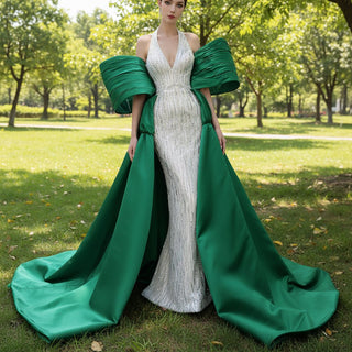 V-neck Halter Green Satin Mermaid Wedding Dress Formal Gown - Rosymae