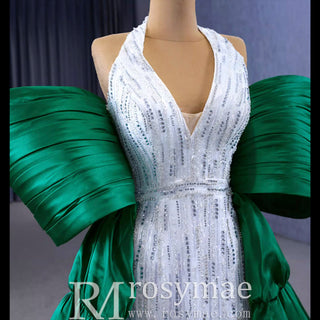 V-neck Halter Green Satin Mermaid Wedding Dress Formal Gown - Rosymae
