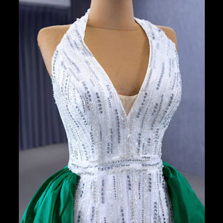 V-neck Halter Green Satin Mermaid Wedding Dress Formal Gown - Rosymae