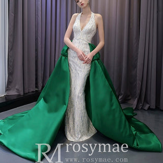 V-neck Halter Green Satin Mermaid Wedding Dress Formal Gown - Rosymae