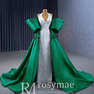 V-neck Halter Green Satin Mermaid Wedding Dress Formal Gown - Rosymae