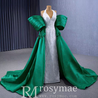 V-neck Halter Green Satin Mermaid Wedding Dress Formal Gown - Rosymae