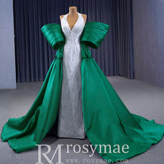 V-neck Halter Green Satin Mermaid Wedding Dress Formal Gown - Rosymae