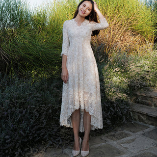V-neck High Low Lace Wedding Dress with Three Quarter Sleeve - Rosymae