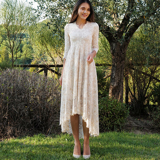 V-neck High Low Lace Wedding Dress with Three Quarter Sleeve - Rosymae