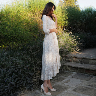 V-neck High Low Lace Wedding Dress with Three Quarter Sleeve - Rosymae