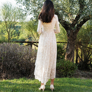 V-neck High Low Lace Wedding Dress with Three Quarter Sleeve - Rosymae