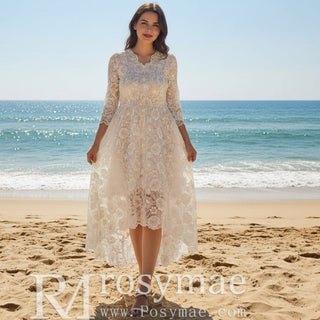 V-neck High Low Lace Wedding Dress with Three Quarter Sleeve - Rosymae