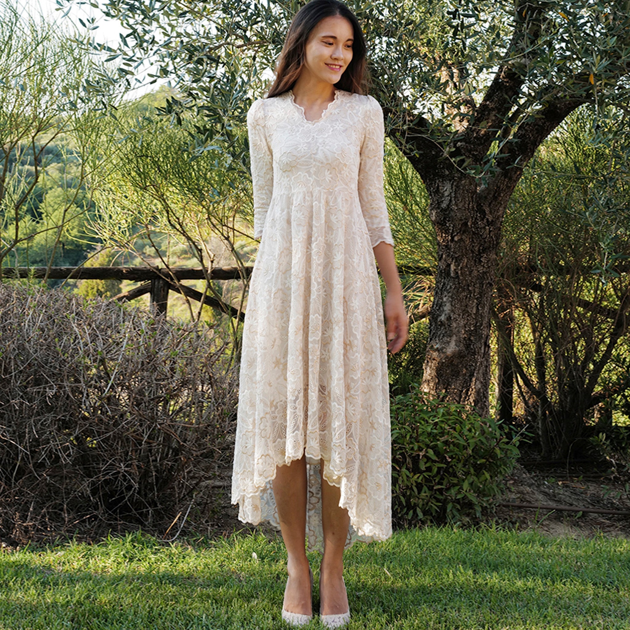 V-neck High Low Lace Wedding Dress with Three Quarter Sleeve - Rosymae