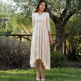 V-neck High Low Lace Wedding Dress with Three Quarter Sleeve - Rosymae