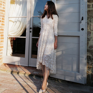 V-neck High Low Lace Wedding Dress with Three Quarter Sleeve - Rosymae