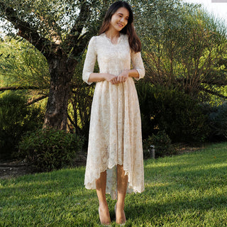 V-neck High Low Lace Wedding Dress with Three Quarter Sleeve - Rosymae